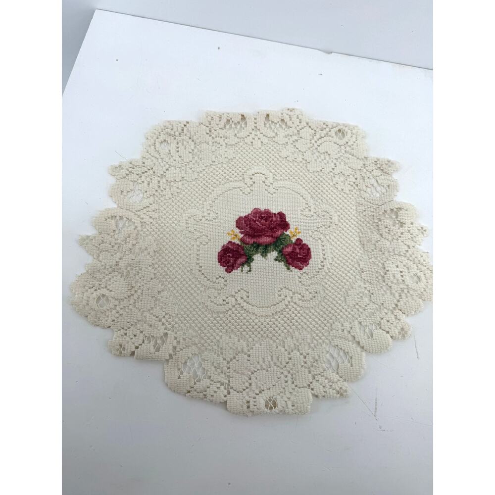 Vintage Lace Doily 14 Inch Rose Floral Needlework Tapestry Victorian Table Decor